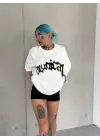 Unisex Bisiklet Yaka Baskılı Oversize T-Shirt - Beyaz