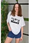 Unisex Bisiklet Yaka Baskılı Oversize T-Shirt - Beyaz