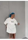 Unisex Bisiklet Yaka Baskılı Oversize T-Shirt - Beyaz