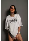 Unisex Bisiklet Yaka Baskılı Oversize T-Shirt - Beyaz