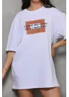 Unisex Bisiklet Yaka Baskılı Oversize T-Shirt - Beyaz