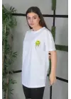 Unisex Bisiklet Yaka Baskılı Oversize T-Shirt - Beyaz