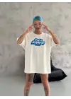 Omarı Bisiklet Yaka Baskılı Oversize T-Shirt - Beyaz