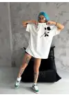 Unisex Bisiklet Yaka Baskılı Oversize T-Shirt - Beyaz