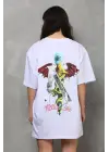 Unisex Bisiklet Yaka Baskılı Oversize T-Shirt - Beyaz