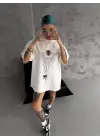 Unisex Bisiklet Yaka Baskılı Oversize T-Shirt - Beyaz