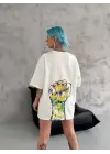 Unisex Bisiklet Yaka Baskılı Oversize T-Shirt - Beyaz