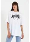 Unisex Bisiklet Yaka Baskılı Oversize T-Shirt - Beyaz