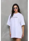Unisex Bisiklet Yaka Baskılı Oversize T-Shirt - Beyaz