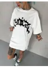 Unisex Bisiklet Yaka Baskılı Oversize T-Shirt - Beyaz