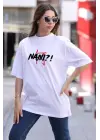 Unisex Bisiklet Yaka Baskılı Oversize T-Shirt - Beyaz