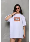 Unisex Bisiklet Yaka Baskılı Oversize T-Shirt - Beyaz