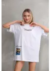 Unisex Bisiklet Yaka Baskılı Oversize T-Shirt - Beyaz