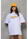 Unisex Bisiklet Yaka Baskılı Oversize T-Shirt - Beyaz