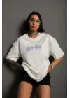 Unisex Bisiklet Yaka Baskılı Oversize T-Shirt - Beyaz