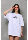 Unisex Bisiklet Yaka Baskılı Oversize T-Shirt - Beyaz