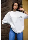 Unisex Bisiklet Yaka Baskılı Oversize T-Shirt - Beyaz