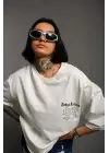Unisex Bisiklet Yaka Baskılı Oversize T-Shirt - Beyaz