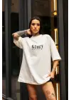Unisex Bisiklet Yaka Baskılı Oversize T-Shirt - Beyaz