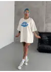 Omarı Bisiklet Yaka Baskılı Oversize T-Shirt - Beyaz