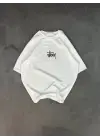 Omarı Bisiklet Yaka Baskılı Oversize T-Shirt - Beyaz
