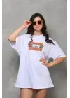 Unisex Bisiklet Yaka Baskılı Oversize T-Shirt - Beyaz