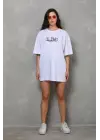 Unisex Bisiklet Yaka Baskılı Oversize T-Shirt - Beyaz