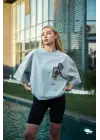 Omarı Bisiklet Desenli Oversize T-Shirt - Gri