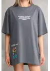Unisex Bisiklet Yaka Baskılı Oversize T-Shirt - Gri