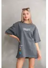 Unisex Bisiklet Yaka Baskılı Oversize T-Shirt - Gri