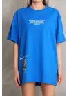 Unisex Bisiklet Yaka Baskılı Oversize T-Shirt - Mavi