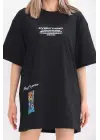 Unisex Bisiklet Yaka Baskılı Oversize T-Shirt - Siyah