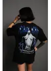 Unisex Bisiklet Yaka Baskılı Oversize T-Shirt - Siyah