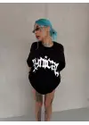 Unisex Bisiklet Yaka Baskılı Oversize T-Shirt - Siyah
