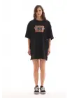 Unisex Bisiklet Yaka Baskılı Oversize T-Shirt - Siyah