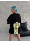 Unisex Bisiklet Yaka Baskılı Oversize T-Shirt - Siyah