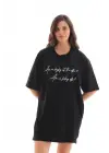 Unisex Bisiklet Yaka Baskılı Oversize T-Shirt - Siyah