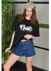 Unisex Bisiklet Yaka Baskılı Oversize T-Shirt - Siyah