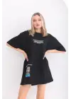 Unisex Bisiklet Yaka Baskılı Oversize T-Shirt - Siyah