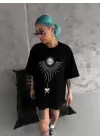 Unisex Bisiklet Yaka Baskılı Oversize T-Shirt - Siyah
