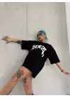 Omarı Siyah Oversize Bisiklet Yaka Baskılı T-Shirt
