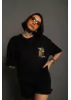 Unisex Bisiklet Yaka Baskılı Oversize T-Shirt - Siyah