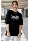 Unisex Bisiklet Yaka Baskılı Oversize T-Shirt - Siyah