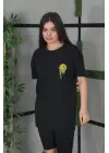 Unisex Bisiklet Yaka Baskılı Oversize T-Shirt - Siyah