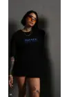 Unisex Bisiklet Yaka Baskılı Oversize T-Shirt - Siyah