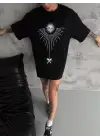 Unisex Bisiklet Yaka Baskılı Oversize T-Shirt - Siyah