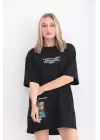 Omarı Siyah Bisiklet Baskılı Oversize T-Shirt