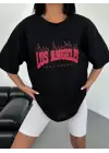 Unisex Bisiklet Yaka Baskılı Oversize T-Shirt - Siyah