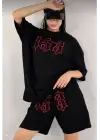 Unisex Nakış İşlemeli Şort Takım - Siyah