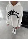 Unisex Üç İplik Kapşonlu Baskılı SweatShirt - Beyaz